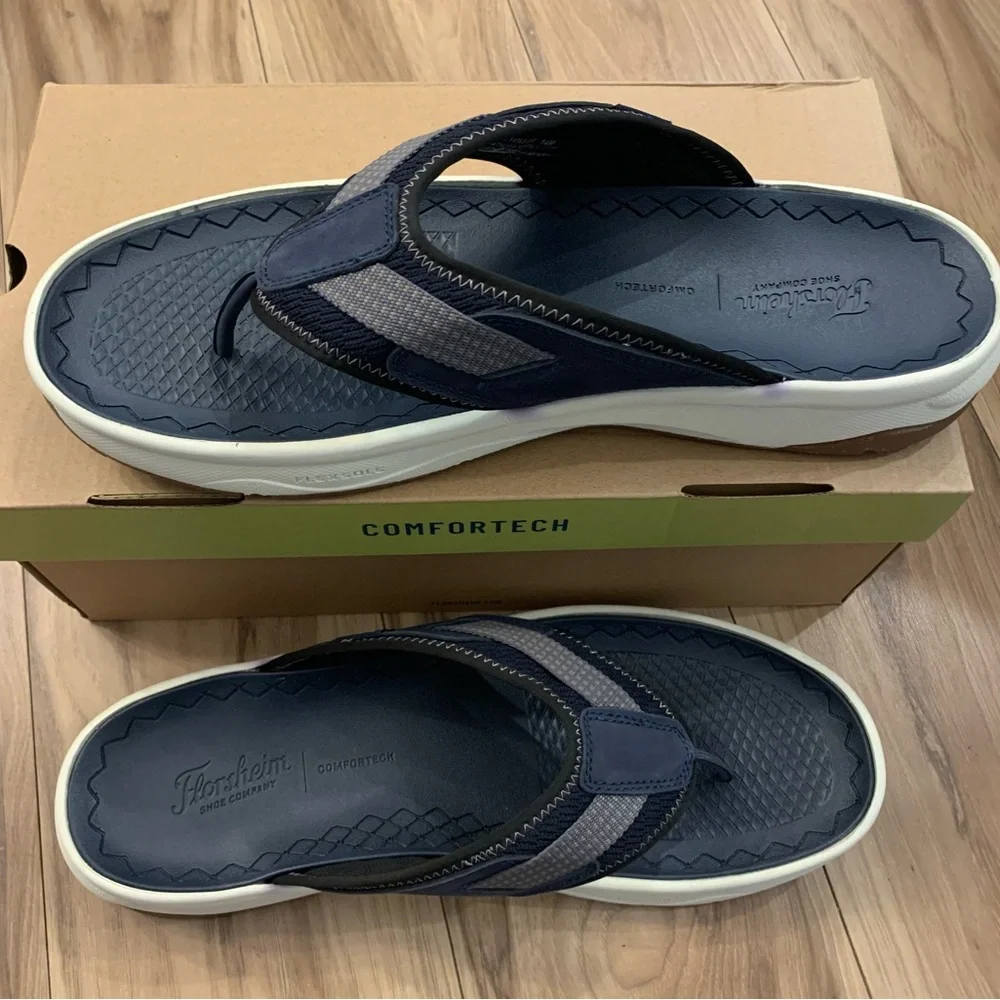 Florsheim Tread Lite Thong Sandal Navy Knit/Nubuck/White Sole 14 M (D)
